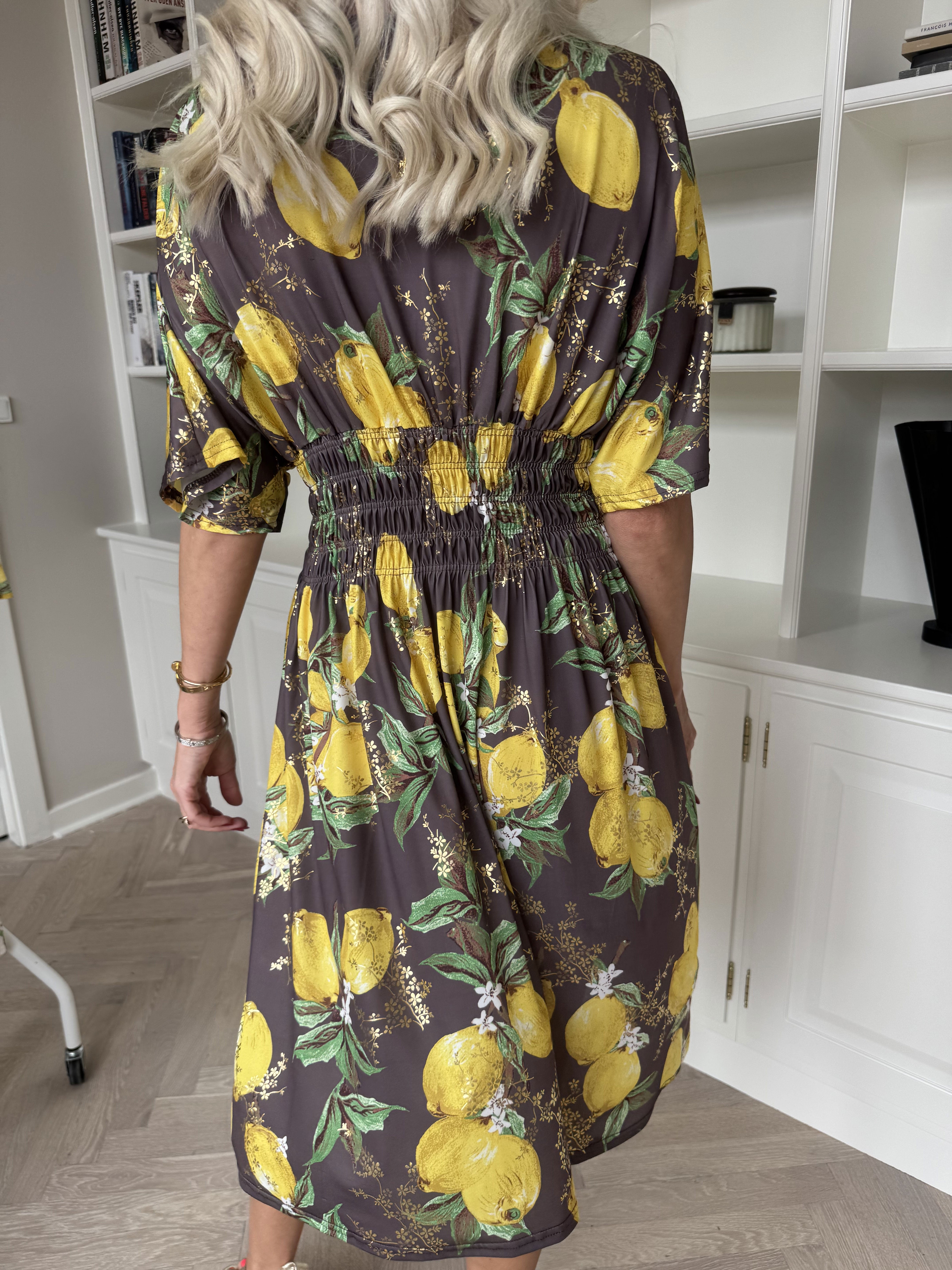 Pams Lemon Short - Elastisk kjole med citroner og guld detaljer